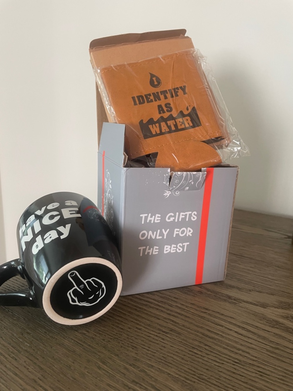 Gift set: ‘Have a Nice Day' Mug & ‘I Identify as Water’ Can or Bottle Koozie